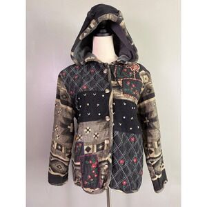 Vintage Keren Hart Patchwork Jacket Women M Hooded Embroidered Boho Art To Wear